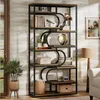 A tall, industrial-style bookshelf filled with decorative items and books, placed in a living room setting. Podgląd zdjęcia produktu