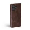 A dark brown flip case for a smartphone is shown from the side and back. Produktbild-Vorschau