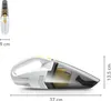 A white and gray handheld vacuum cleaner with yellow accents is shown against a white background. Dimensions are indicated with measurement lines and text. Anteprima dell’immagine prodotto