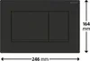 A black Geberit Sigma20 flush plate with two buttons, shown flat against a black background. Dimensions are indicated. Produktbild-Vorschau