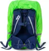 The back of a blue backpack with a bright green rain cover. Produktbild-Vorschau
