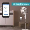 A smart thermostat plug connected to a fan, controlled by a smartphone app. Produktbild-Vorschau