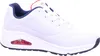 A white Skechers sneaker with blue and red accents is shown against a white background. Voir les images du produit