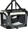 A gray foldable dog crate with a cream-colored top trim and black handles, shown against a white background. Produktbild-Vorschau