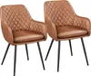 Two brown upholstered dining chairs with diamond stitching and black metal legs.
