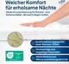 A hand pressing down on a mattress topper, with marketing text and certifications. Produktbild-Vorschau