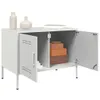 A white metal cabinet with two doors, one open, revealing stacked boxes inside. Two vases and a book are on top. Produktbild-Vorschau