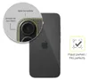 A close-up view of a smartphone's rear camera area with a protective film overlay, alongside a graphic indicating a perfect fit. Produktbild-Vorschau