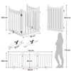 Diagrams and a silhouette showing the dimensions and scale of a white wooden pet gate. Podgląd zdjęcia produktu