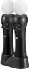 A pair of black PlayStation Move controllers with white spherical tops, standing upright on a black charging dock. Produktbild-Vorschau