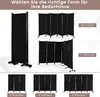 A collage of images showing different configurations of a black room divider, with text labels indicating shapes and panel counts. Voir les images du produit