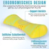 A diagram illustrating the ergonomic design of a yellow lumbar support pillow, with labels in German indicating different support areas. Produktbild-Vorschau