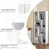 A white bookshelf filled with books and decorative items, with callouts highlighting its features. Produktbild-Vorschau