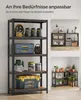 A multi-panel image showcasing a shelving unit in different configurations and settings, with text overlay. Produktbild-Vorschau