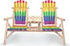 A wooden bench with rainbow-colored seat and backrest. Produktbild-Vorschau