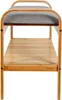 A close-up side view of a shoe rack with a gray upholstered seat and a slatted bamboo shelf. Produktbild-Vorschau