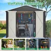 A metal garden shed with its doors open, displaying various tools and a bicycle inside. The image is divided into four sections, each showcasing a different potential use for the shed: a pet room, a trash room, a tool room, and a storage room. Text overlay Produktbild-Vorschau