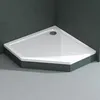 A white, pentagonal shower tray is shown in a corner of a bathroom with dark gray tiled walls and light gray tiled floor. Produktbild-Vorschau