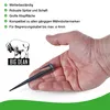 A hand holding a black plastic stake for a robotic lawnmower boundary wire, with a logo and feature list in the background. Produktbild-Vorschau