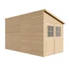 A wooden garden shed with double doors and windows, shown from a three-quarter angle against a white background. Voir les images du produit