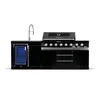 A black outdoor kitchen unit with a grill, sink, and refrigerator, presented on a white background. Podgląd zdjęcia produktu