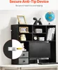 A black desk organizer with shelves and drawers, featuring a computer monitor and various decorative items. An inset shows an anti-tip device. Voir les images du produit