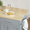 SoBuy Kücheninsel FKW129-HG in Grau mit Holz-Arbeitsplatte, Toast auf Teller und Kaffeebecher im Einsatz Anteprima dell’immagine prodotto