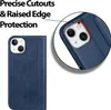 A blue flip case for an iPhone is shown, with a close-up inset highlighting the precise cutouts and raised edge protection. Produktbild-Vorschau