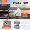 A man is loading a portable toilet into the trunk of a car by a lake. Produktbild-Vorschau