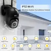 A black PTZ Wi-Fi outdoor surveillance camera mounted on a wall, with a house in the background. Icons detailing features are displayed at the bottom. Anteprima dell’immagine prodotto