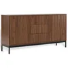 A brown wooden sideboard with a textured front and black metal legs, shown against a white background. Anteprima dell’immagine prodotto
