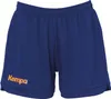 A pair of blue shorts with an orange logo on the lower left leg. Voir les images du produit