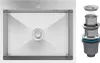 A top-down view of a stainless steel sink and a disassembled drain assembly. Produktbild-Vorschau