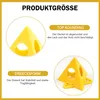A marketing image showing a yellow triangular pyramid stand with text descriptions of its features. Produktbild-Vorschau