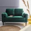 A green velvet sofa is shown in a room with a gray wall and a round jute rug on the floor. Anteprima dell’immagine prodotto