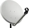 A white satellite dish with a gray arm and black clamp, isolated on a white background. Produktbild-Vorschau