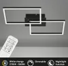 A modern LED ceiling light with two rectangular frames, shown with a remote control and feature icons. Produktbild-Vorschau