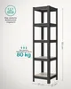 A tall, black metal shelving unit with wooden shelves against a light gray background, with dimensions and weight capacity indicated. Produktbild-Vorschau