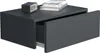 A dark gray floating nightstand with one drawer partially open, showing a glimpse of the interior. A small black alarm clock and two books are placed on top of the nightstand. Produktbild-Vorschau
