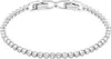 A close-up studio shot of a silver Swarovski tennis bracelet with clear crystals. Voir les images du produit
