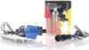 A collection of aquarium cleaning tools and accessories, including a blue electric water changer pump, various tubes, and a clear plastic bottle with a black lid and tube attachment, all arranged on a white surface. Náhled obrázku produktu