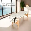 A white massage table is set up in a bright room with large windows overlooking a body of water and mountains. The room also features a plant and a dresser with candles. Náhled obrázku produktu
