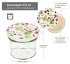 A glass jar with a decorative lid featuring strawberries and leaves, with measurement indicators and text labels. Produktbild-Vorschau