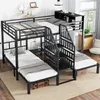 A black metal bunk bed with three beds, a staircase, and a shelf unit, set up in a room with white paneled walls and wooden flooring. Anteprima dell’immagine prodotto