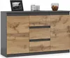 A modern sideboard with a gray frame and wood-effect drawers and doors, displayed against a light gray background. Produktbild-Vorschau