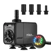 A black submersible water pump with a multi-colored LED light attachment and several hose adapters. Voir les images du produit