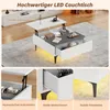 A collage of images showing a white LED coffee table with its lift-top open, revealing storage compartments, and close-up views of its features. Produktbild-Vorschau