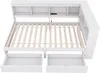 A white bed frame with drawers and a headboard with shelves. Podgląd zdjęcia produktu