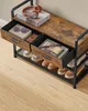 A close-up shot of a wooden and metal shoe rack with drawers, showcasing shoes and accessories. Náhled obrázku produktu