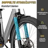 Close-up of the front suspension of an e-bike, with marketing text and icons on the right side. Produktbild-Vorschau